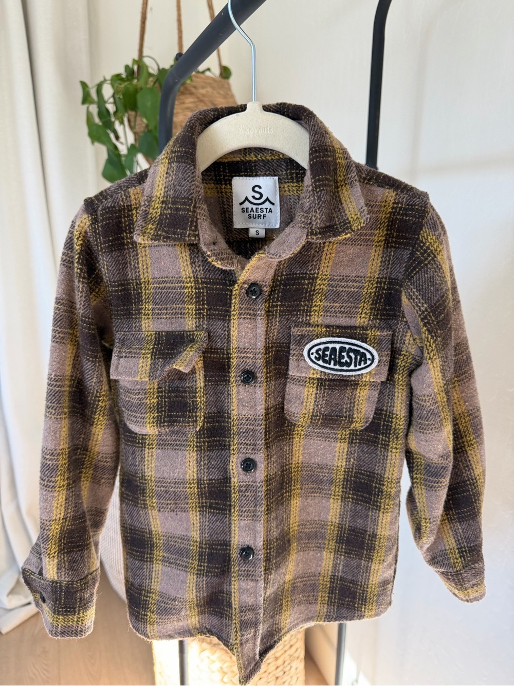 Seasesta Surf Kids Brown & Yellow Plaid Button-Up Shirt Like New